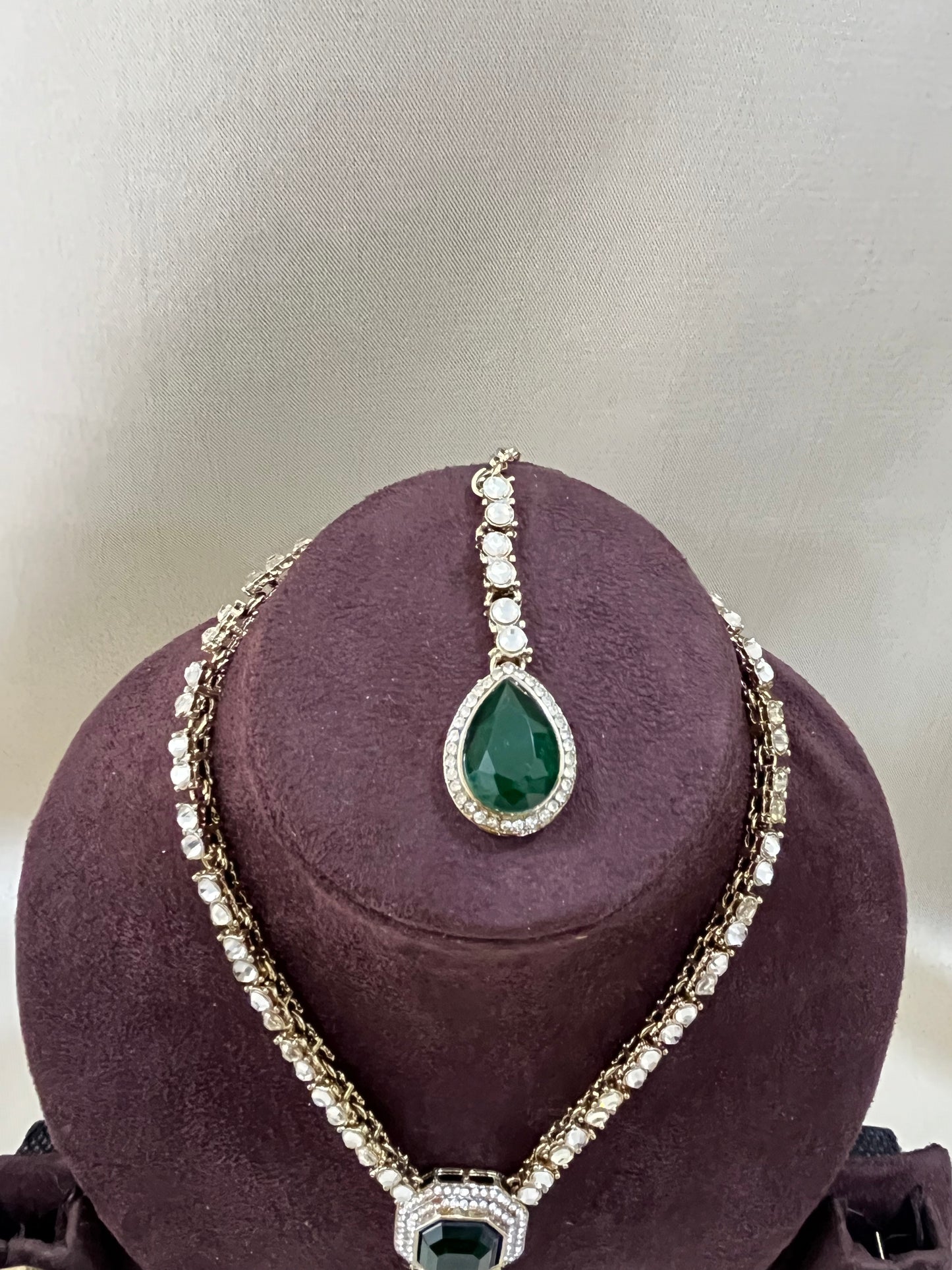 Delicate Kundan Necklace Set - Bottle Green