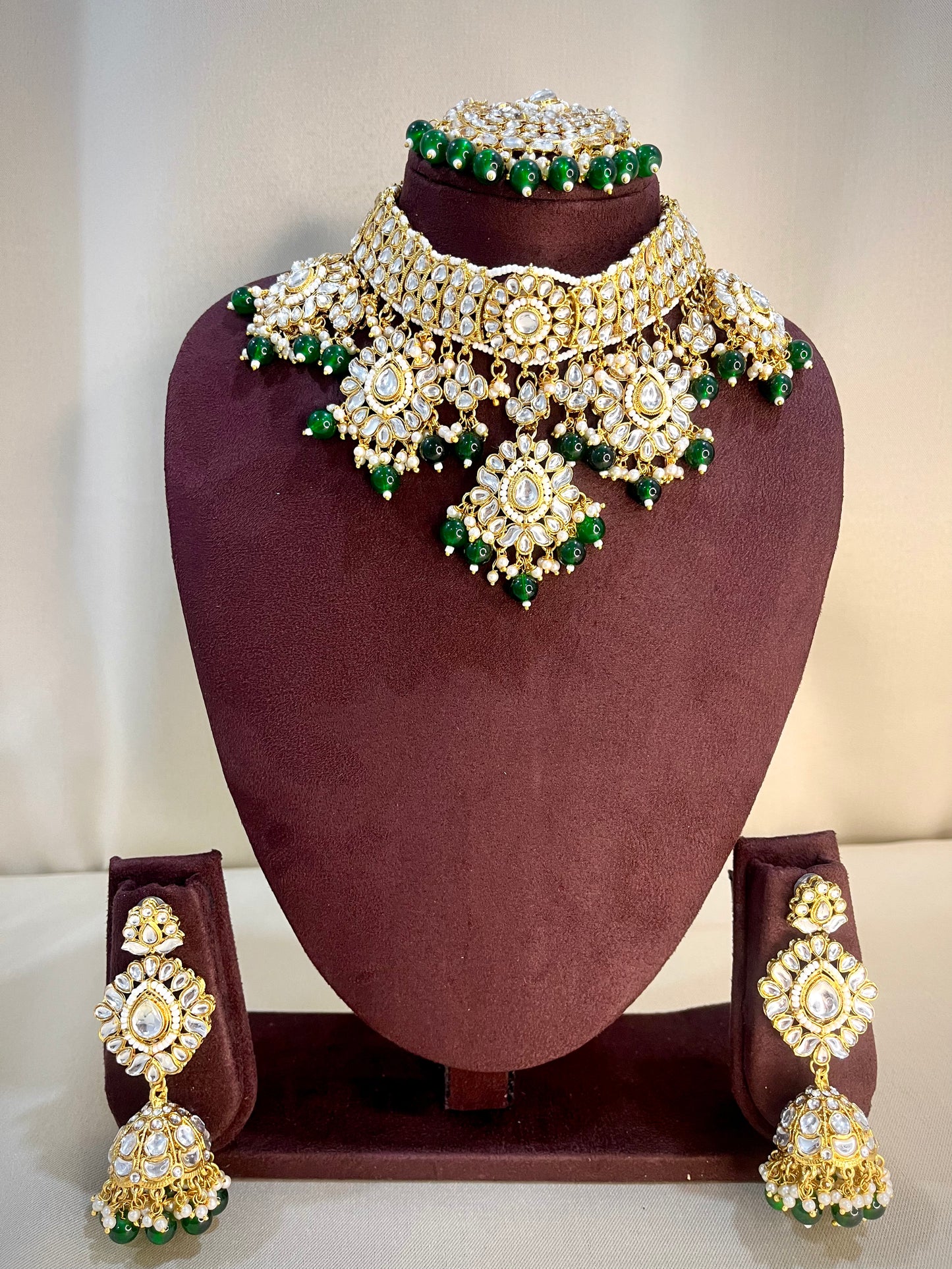 Kundan Polki Necklace Set - Emerald Green