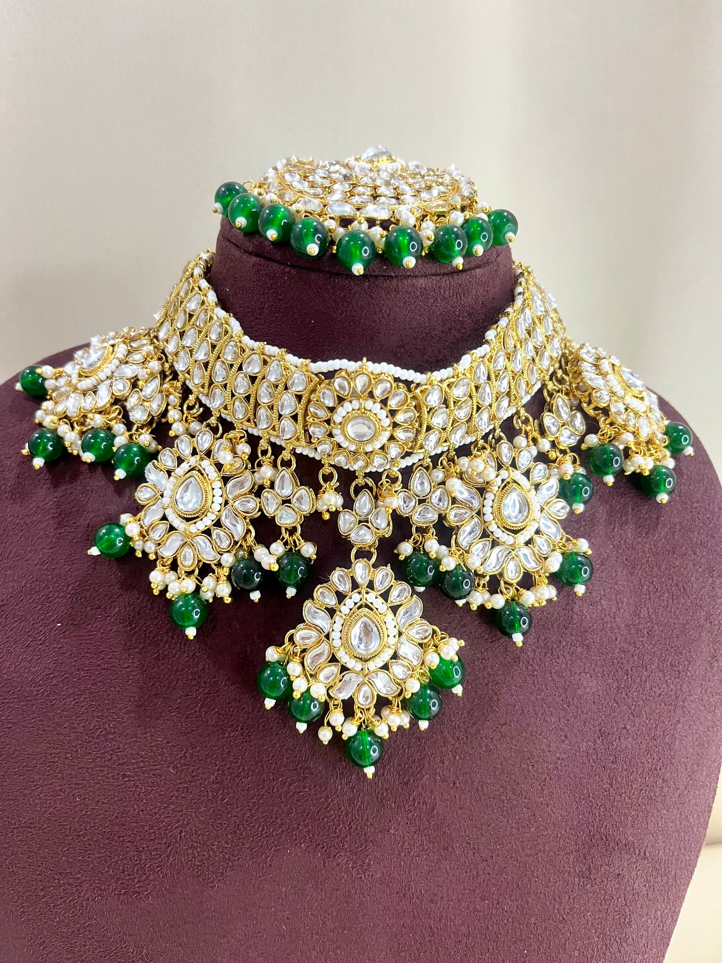 Kundan Polki Necklace Set - Emerald Green