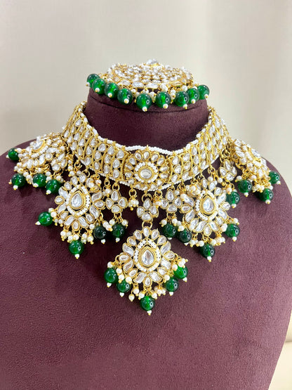 Kundan Polki Necklace Set - Emerald Green