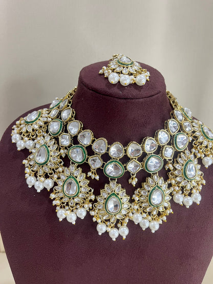 Kundan Polki Necklace Set - Pearl White