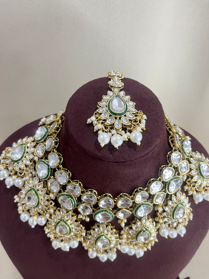 Kundan Polki Necklace Set - Pearl White