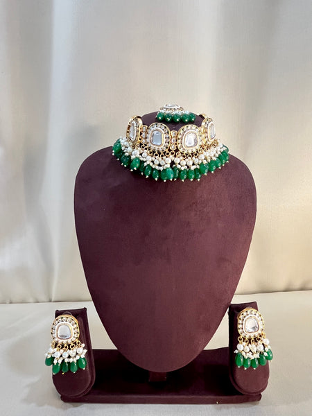 Polki Kundan Choker Set - Emerald Pearl