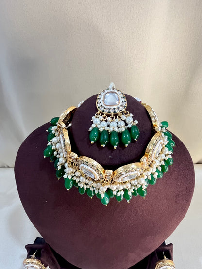 Polki Kundan Choker Set - Emerald Pearl