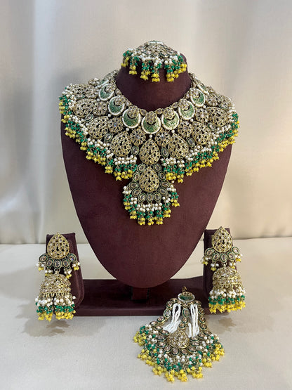 Pakistani Semi Bridal Set With Pasa - Green And Yellow