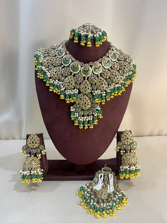 Pakistani Semi Bridal Set With Pasa - Green And Yellow