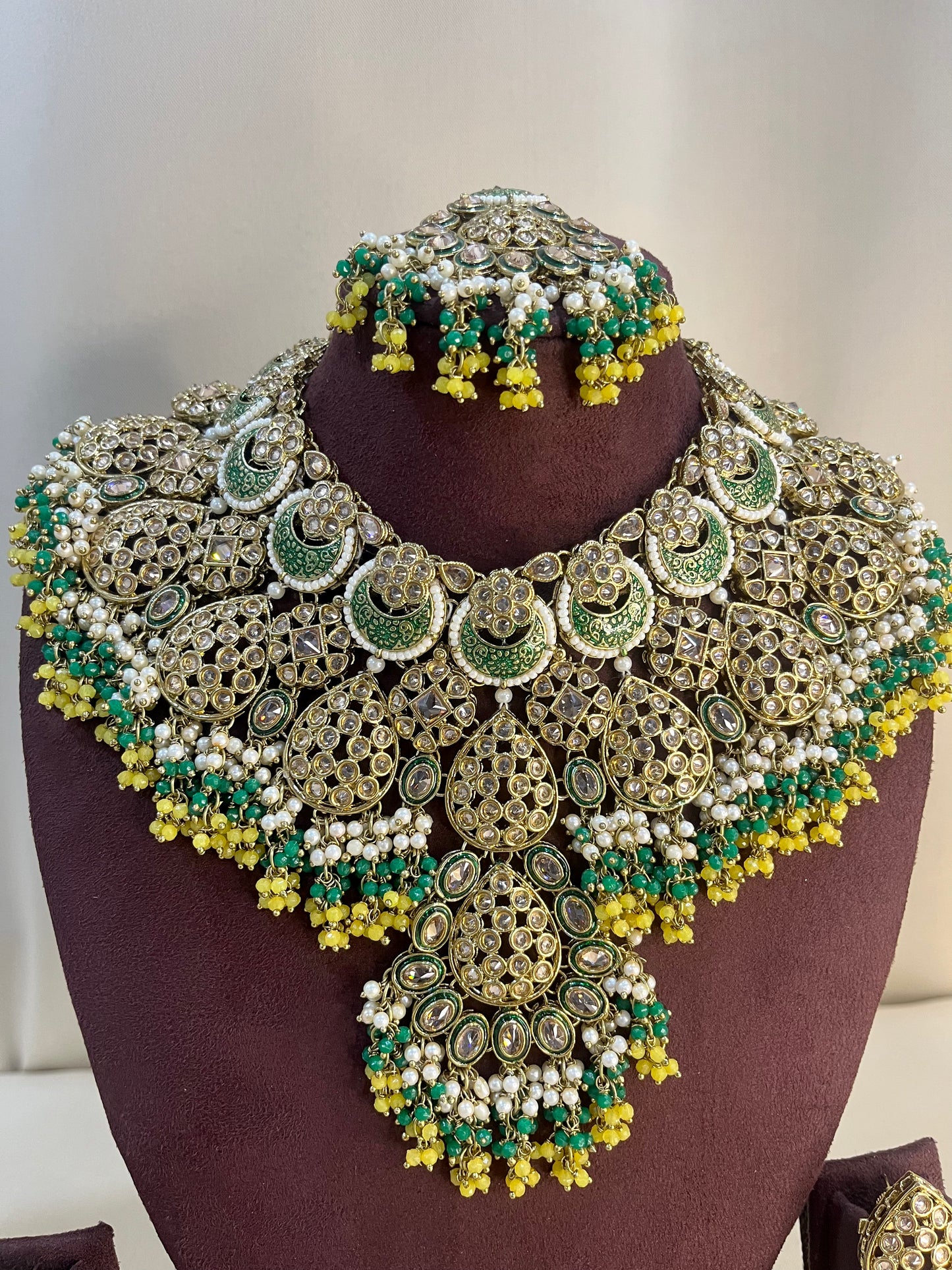Pakistani Semi Bridal Set With Pasa - Green And Yellow
