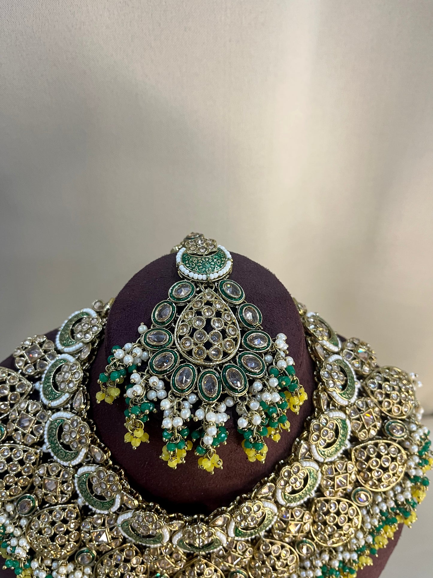 Pakistani Semi Bridal Set With Pasa - Green And Yellow