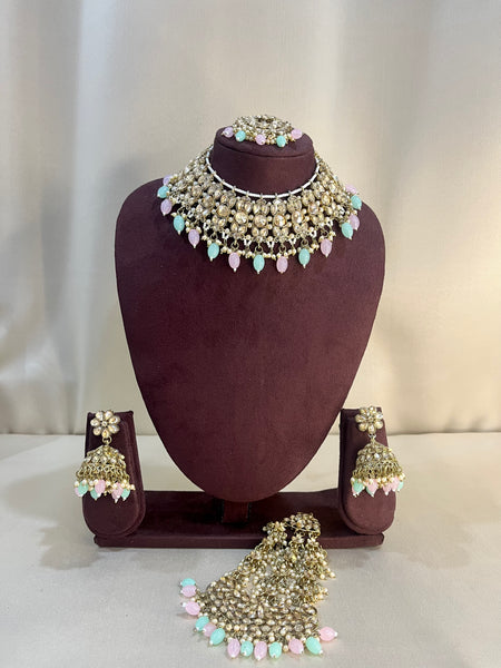 Reverse AD Necklace Set With Pasa - Pink & Mint