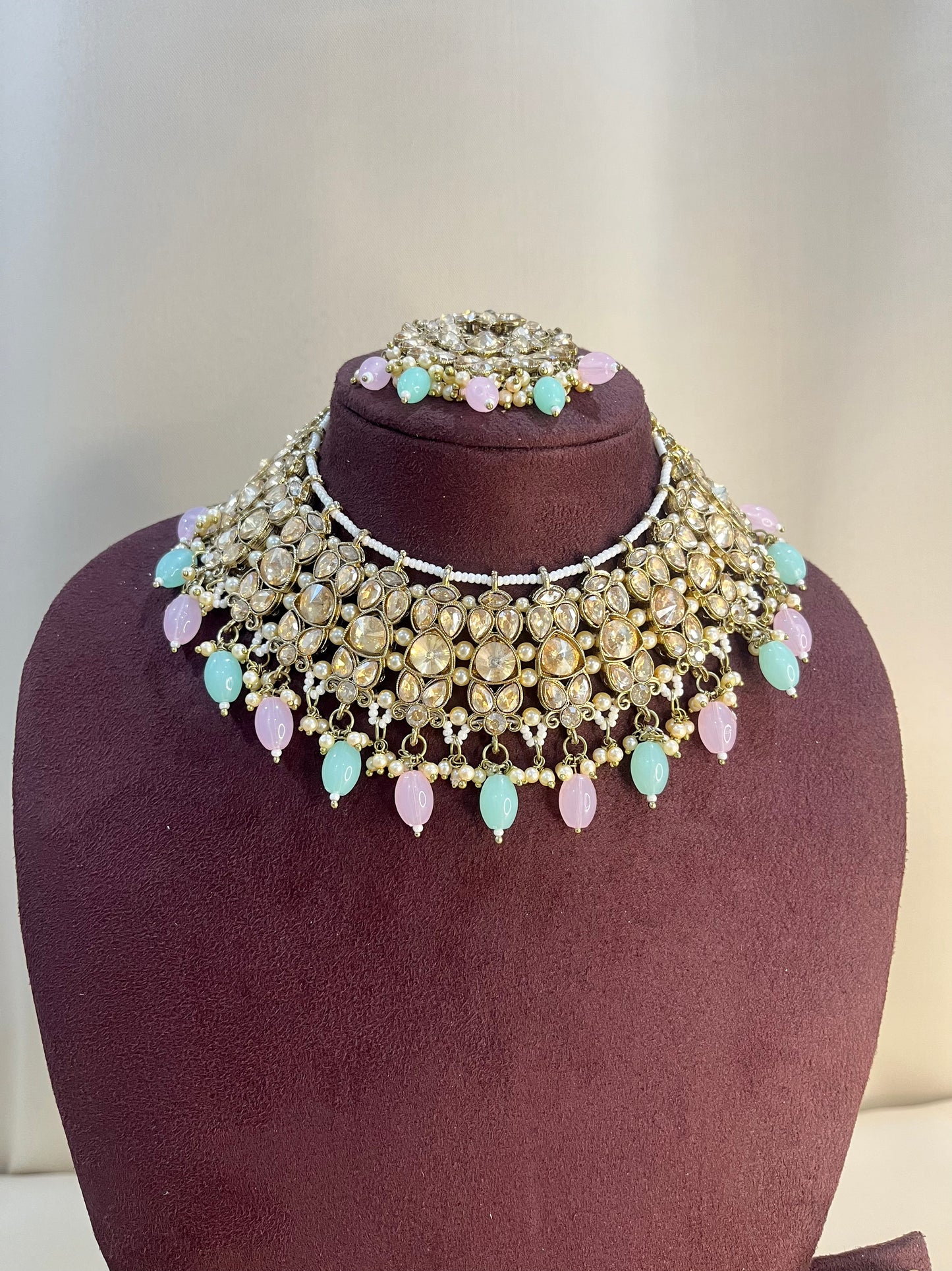 Reverse AD Necklace Set With Pasa - Pink & Mint