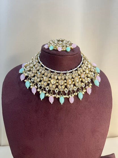 Reverse AD Necklace Set With Pasa - Pink & Mint