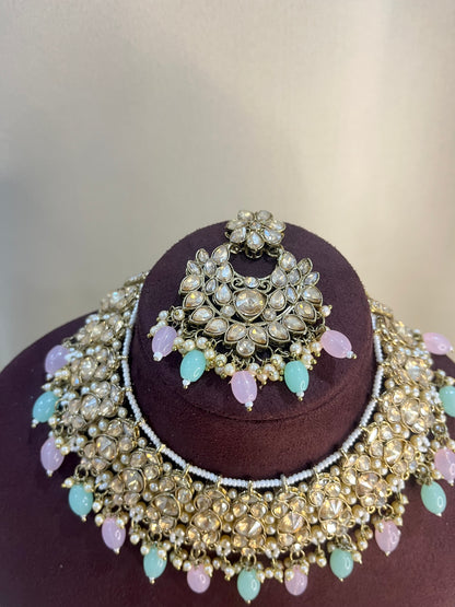 Reverse AD Necklace Set With Pasa - Pink & Mint