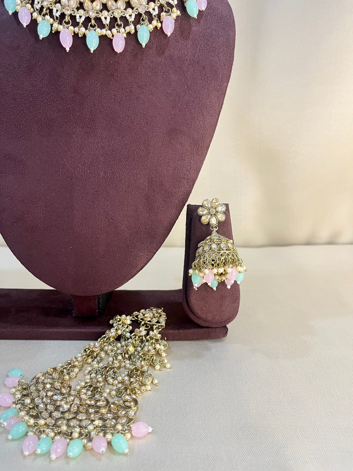 Reverse AD Necklace Set With Pasa - Pink & Mint