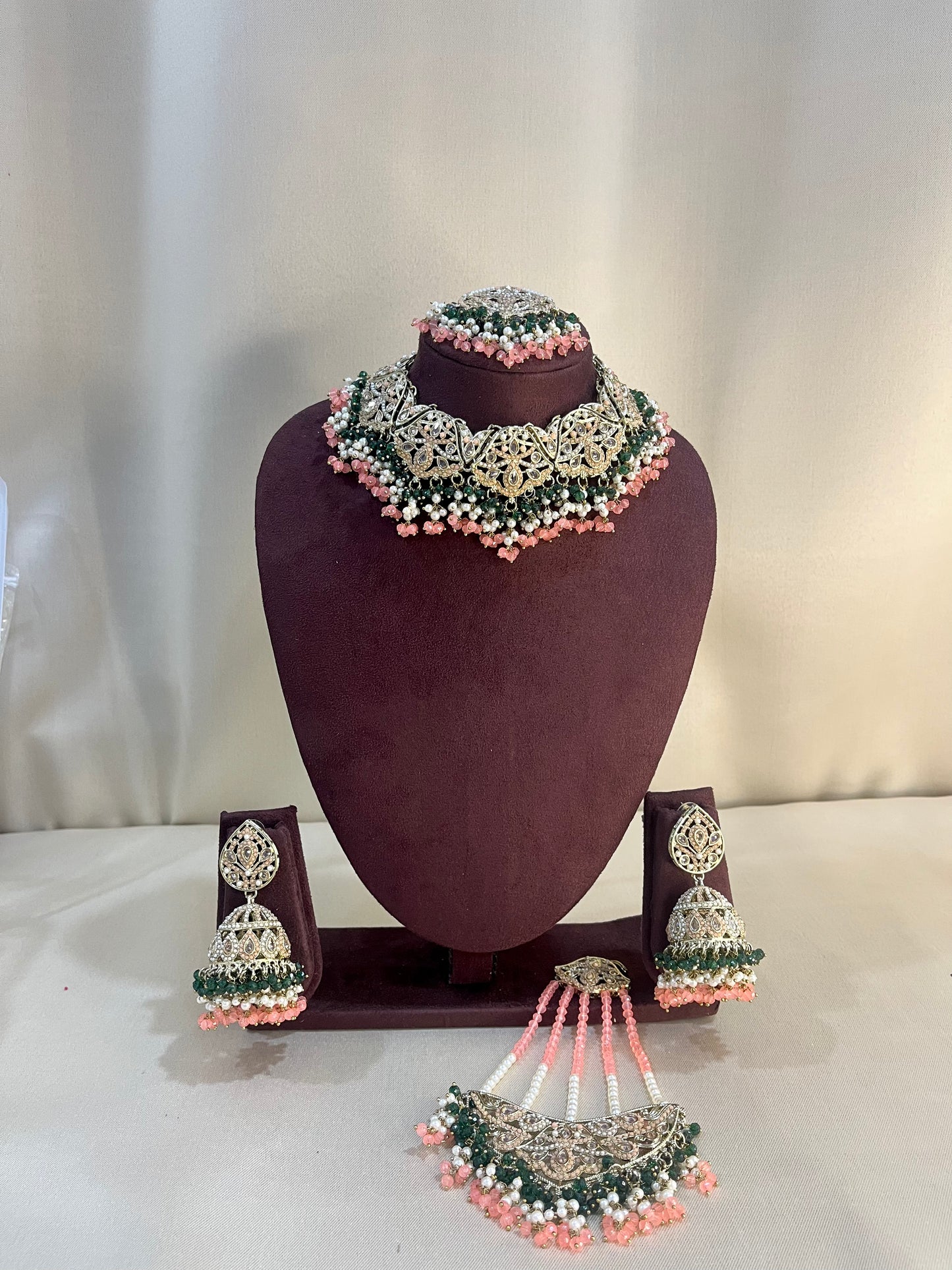 Reverse AD Pakistani Necklace Set With Pasa - Green & Carrot