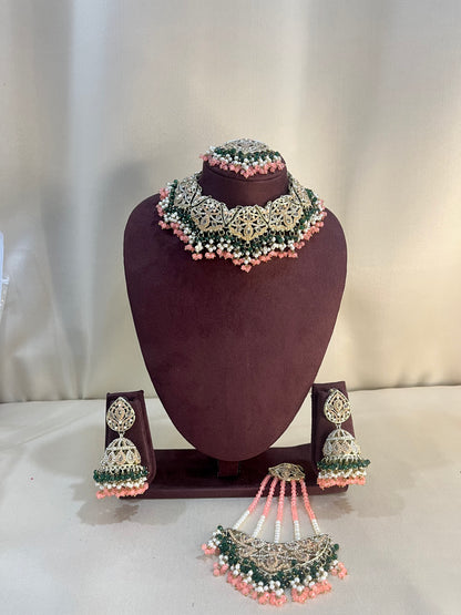 Reverse AD Pakistani Necklace Set With Pasa - Green & Carrot