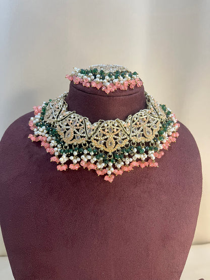 Reverse AD Pakistani Necklace Set With Pasa - Green & Carrot
