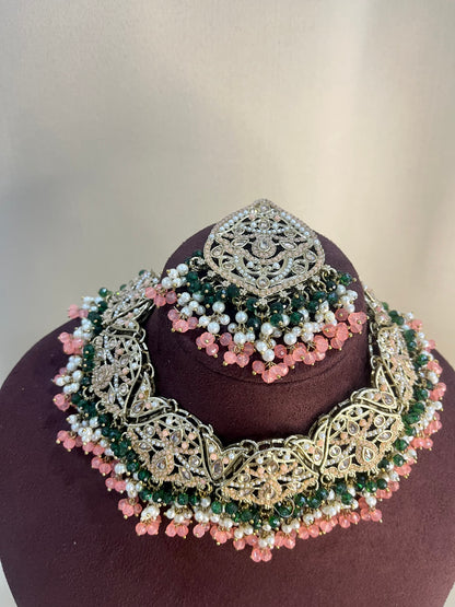 Reverse AD Pakistani Necklace Set With Pasa - Green & Carrot