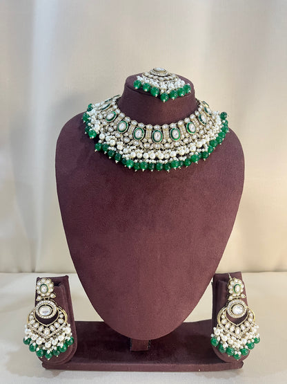Moissanite Kundan Full Necklace Set - Emerald Green