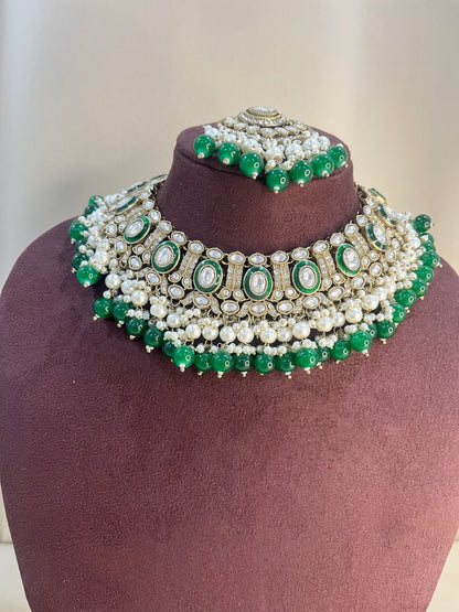 Moissanite Kundan Full Necklace Set - Emerald Green