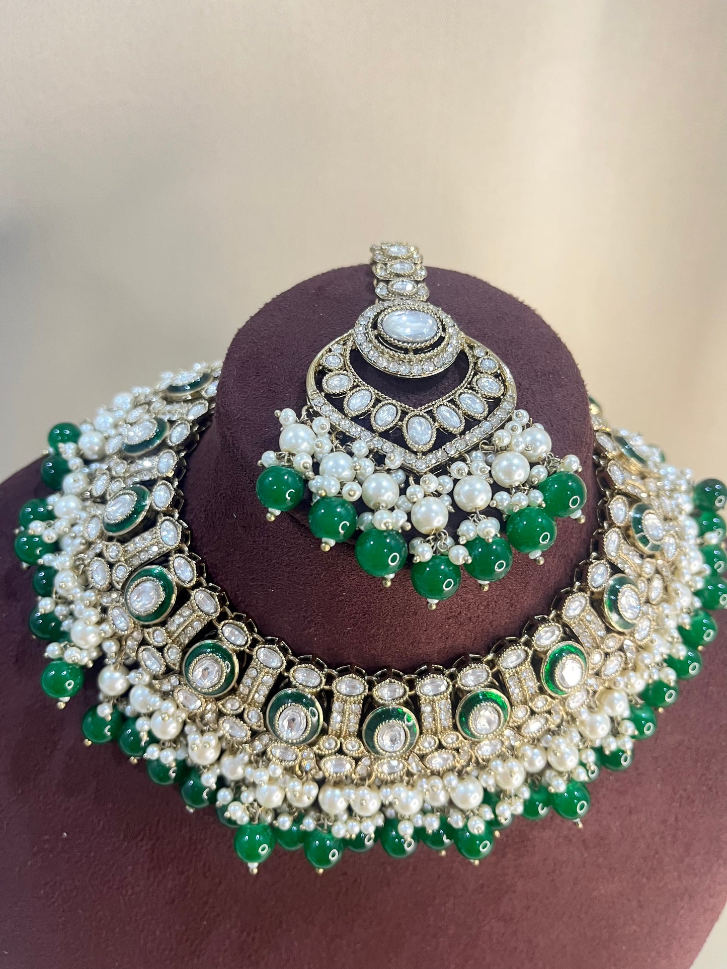 Moissanite Kundan Full Necklace Set - Emerald Green