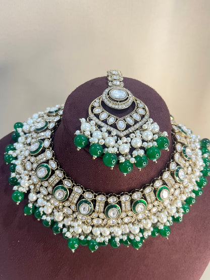 Moissanite Kundan Full Necklace Set - Emerald Green