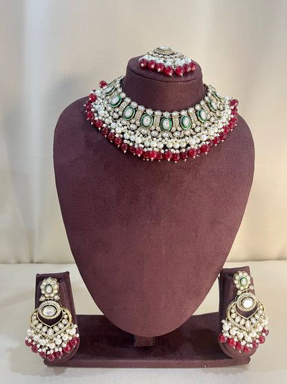 Moissanite Kundan Full Necklace Set - Ruby