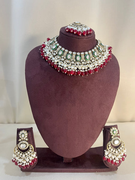 Moissanite Kundan Full Necklace Set - Ruby