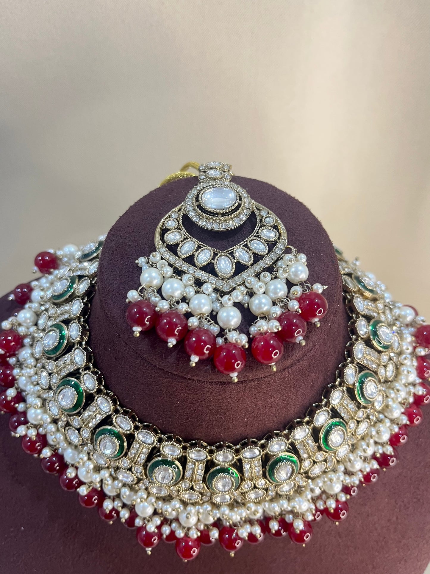 Moissanite Kundan Full Necklace Set - Ruby