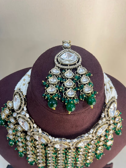 Moissanite Kundan V Neck Full Necklace Set - Emerald