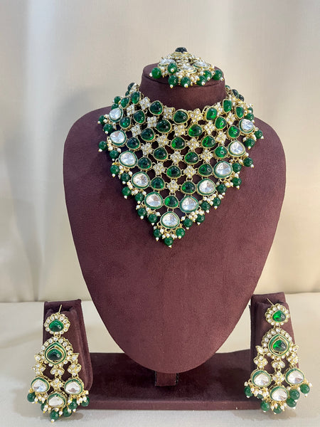 Moissanite Kundan V Neck Necklace Set - Emerald Green
