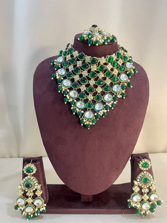 Moissanite Kundan V Neck Necklace Set - Emerald Green