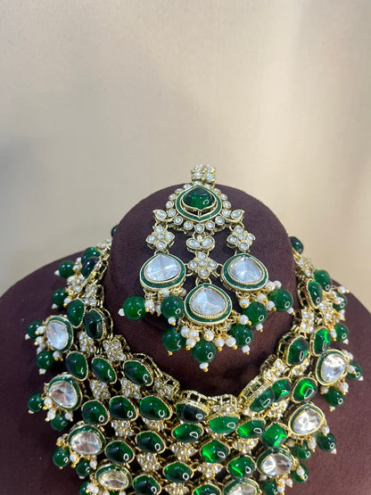 Moissanite Kundan V Neck Necklace Set - Emerald Green