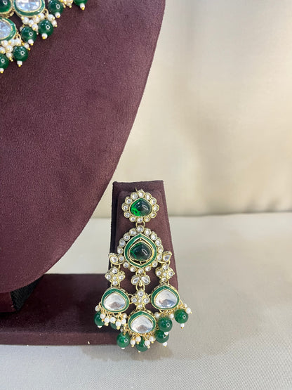 Moissanite Kundan V Neck Necklace Set - Emerald Green