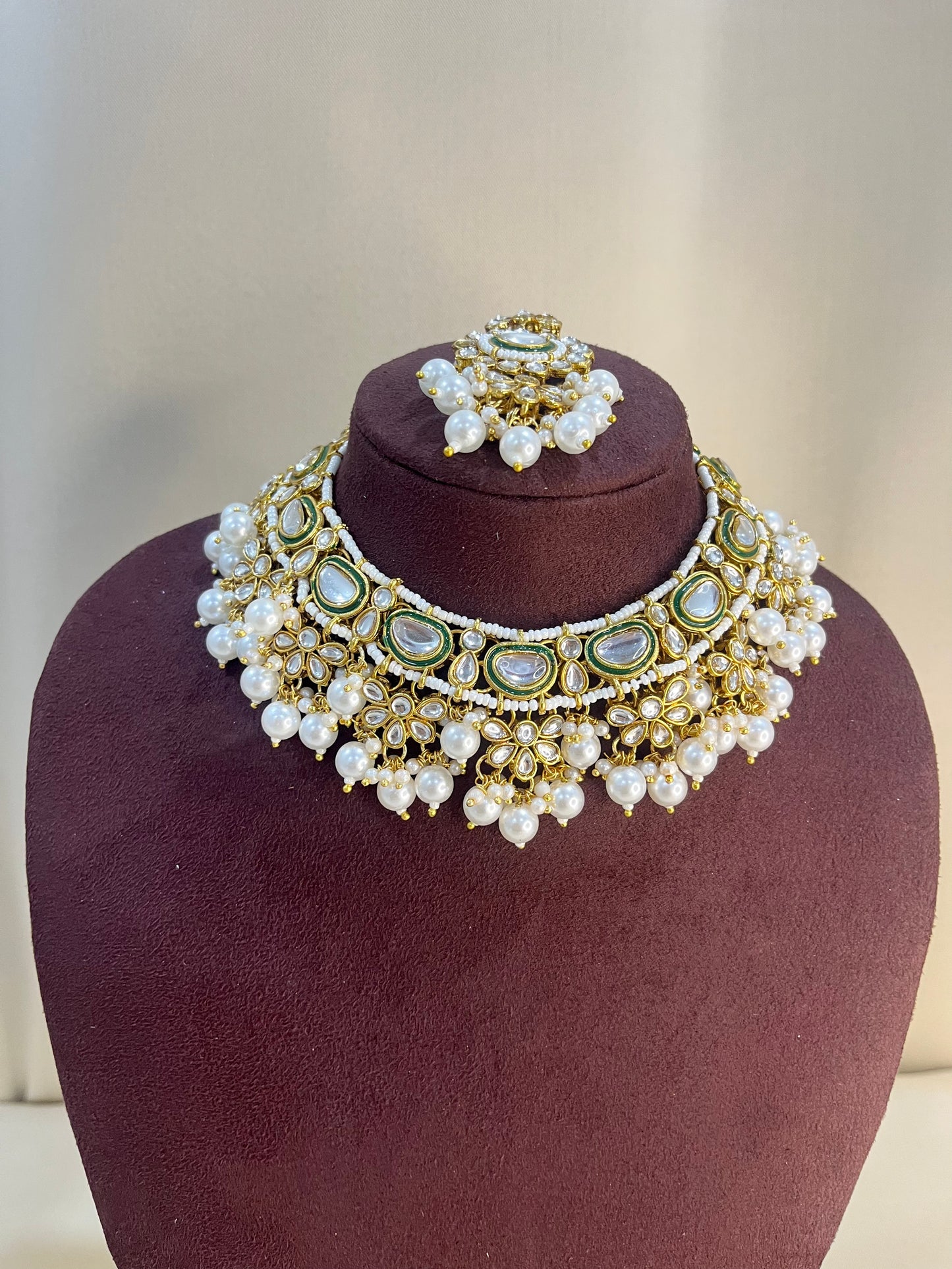 Moissanite Kundan Necklace Set - Pearl & Kundan