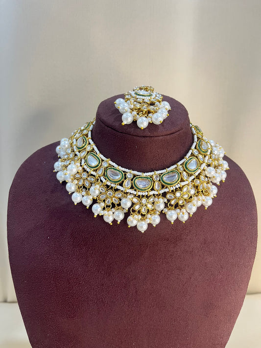Moissanite Kundan Necklace Set - Pearl & Kundan
