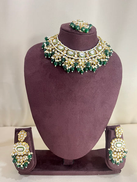 Moissanite Kundan Necklace Set - Emerald & Kundan