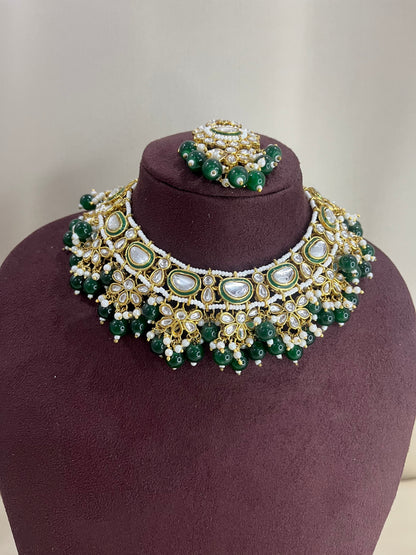 Moissanite Kundan Necklace Set - Emerald & Kundan