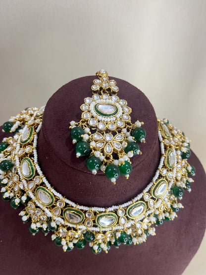 Moissanite Kundan Necklace Set - Emerald & Kundan