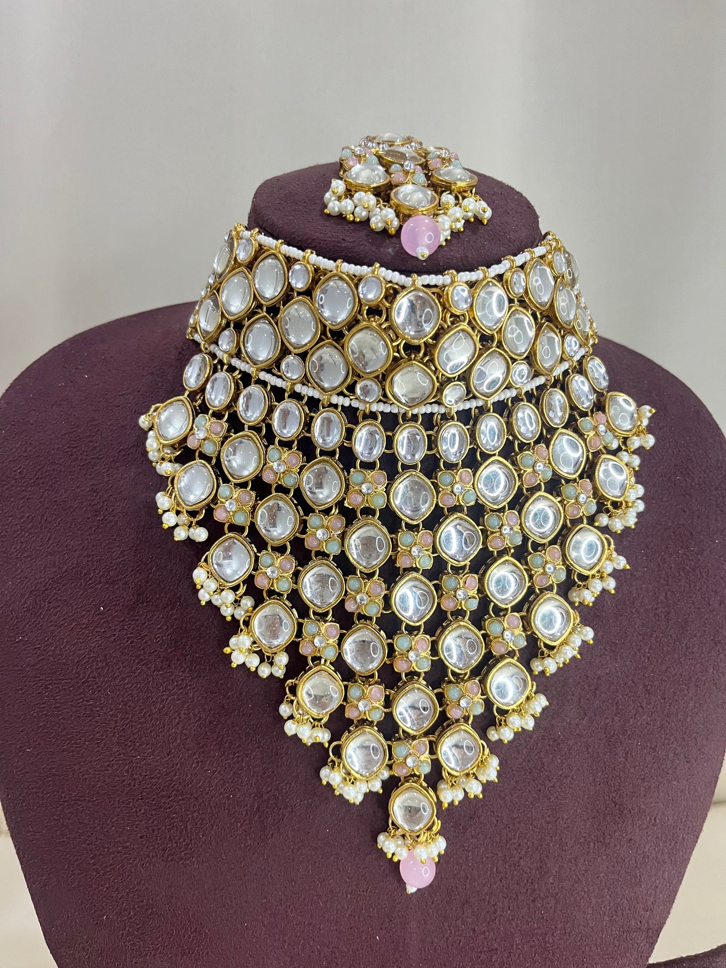 Moissanite Kundan Necklace Set - Pearl & Pink