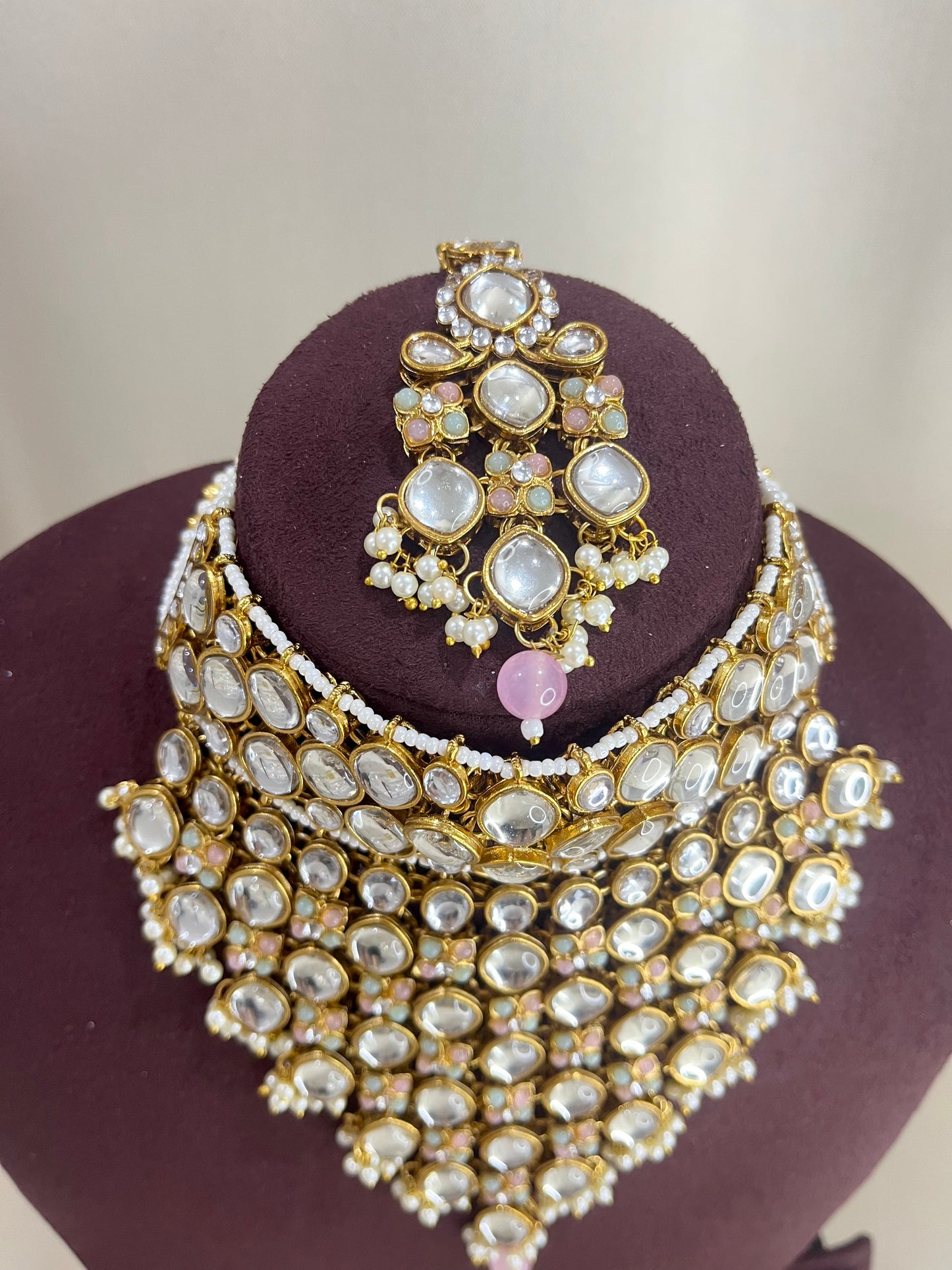 Moissanite Kundan Necklace Set - Pearl & Pink