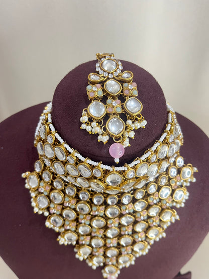 Moissanite Kundan Necklace Set - Pearl & Pink