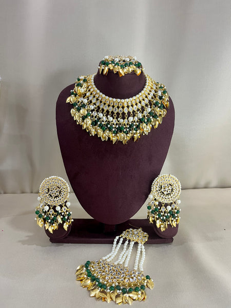 Moissanite Polki Semi Bridal Necklace Set - Pearl & Green