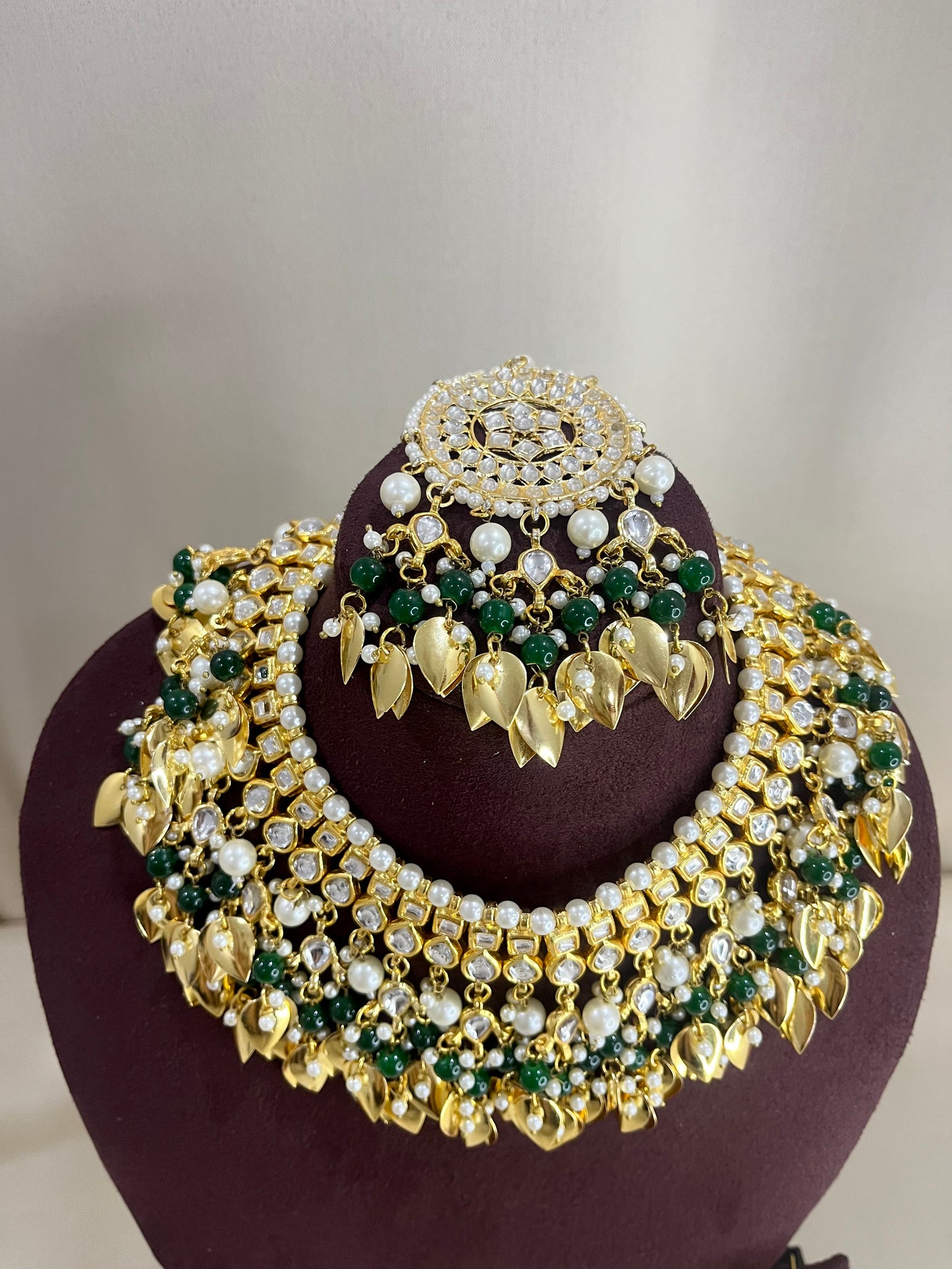 Moissanite Polki Semi Bridal Necklace Set - Pearl & Green