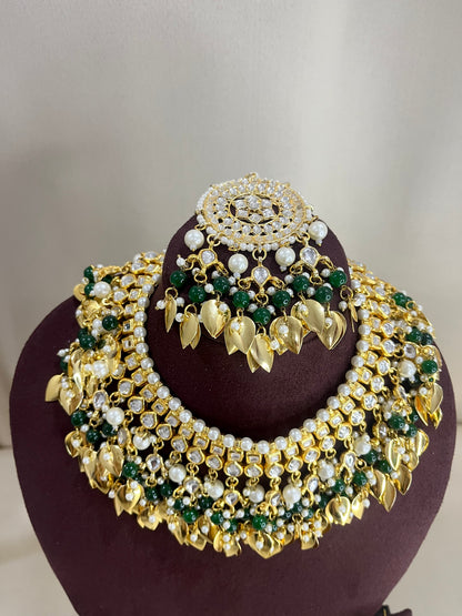 Moissanite Polki Semi Bridal Necklace Set - Pearl & Green
