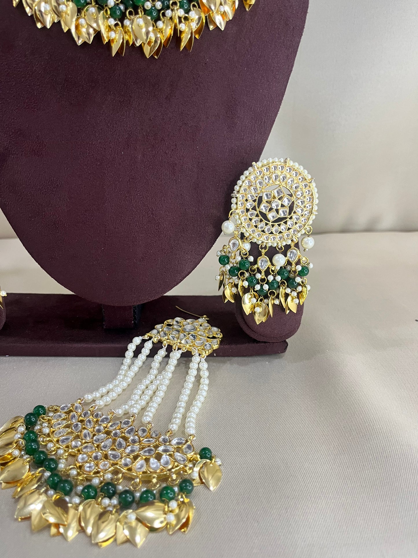 Moissanite Polki Semi Bridal Necklace Set - Pearl & Green