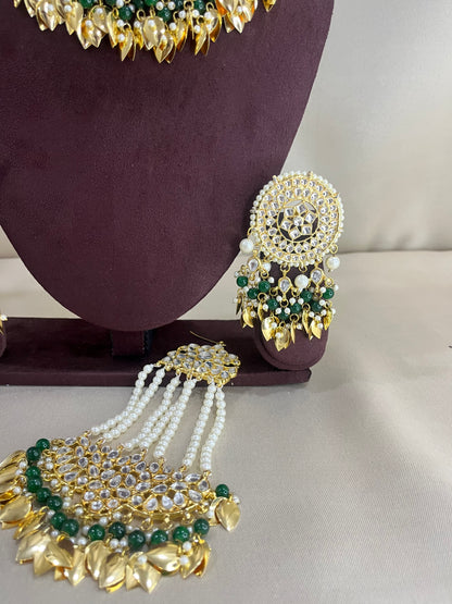 Moissanite Polki Semi Bridal Necklace Set - Pearl & Green