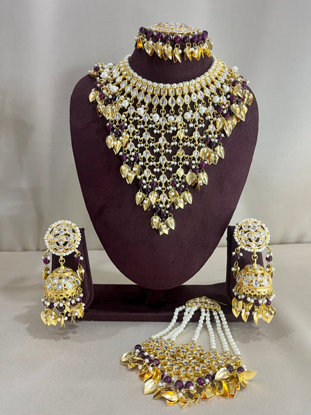 Moissanite Polki Semi Bridal Necklace Set - Magenta Pink