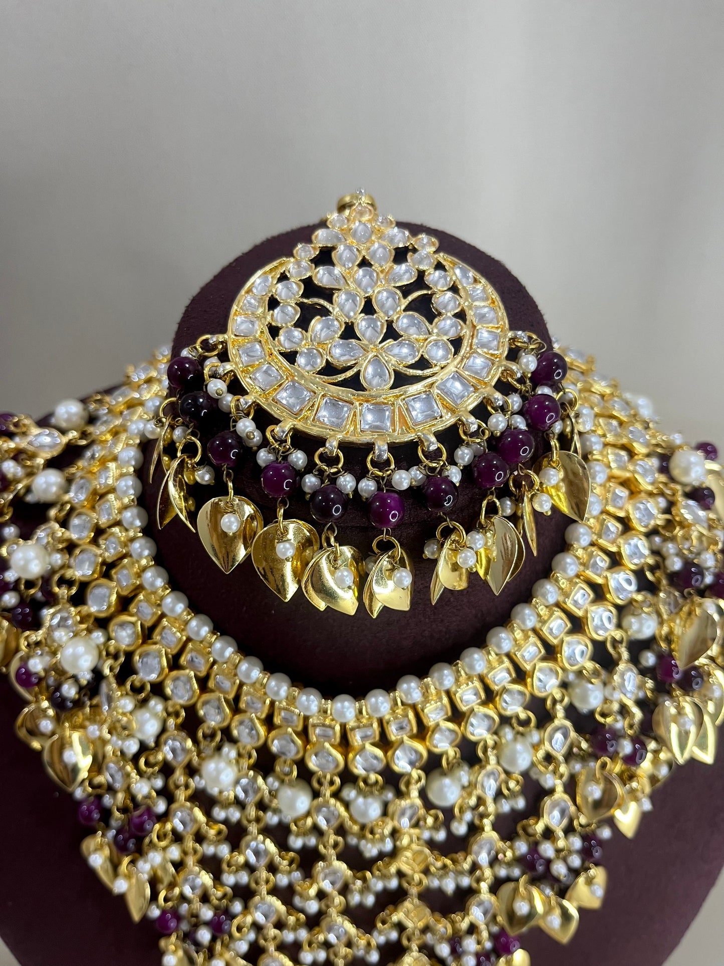 Moissanite Polki Semi Bridal Necklace Set - Magenta Pink