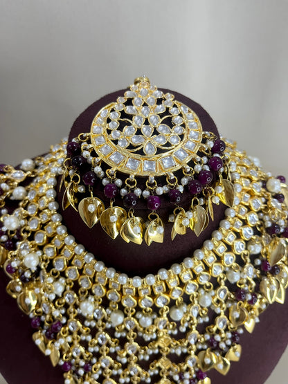 Moissanite Polki Semi Bridal Necklace Set - Magenta Pink