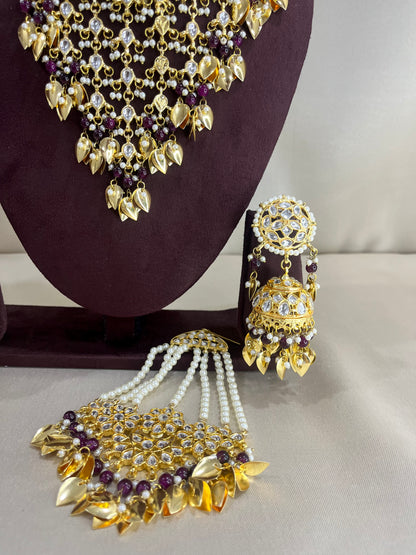 Moissanite Polki Semi Bridal Necklace Set - Magenta Pink